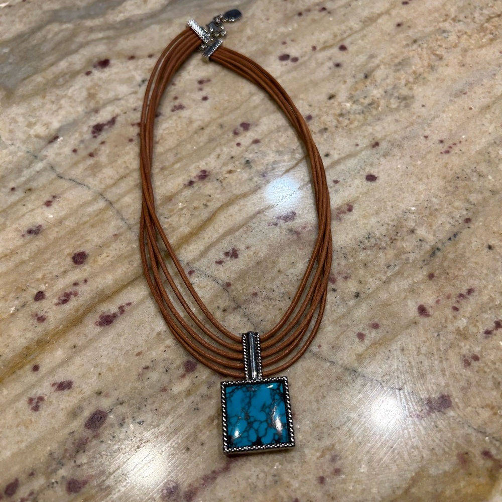 Ralph Lauren Turquoise Pendant Necklace with Brown Cord